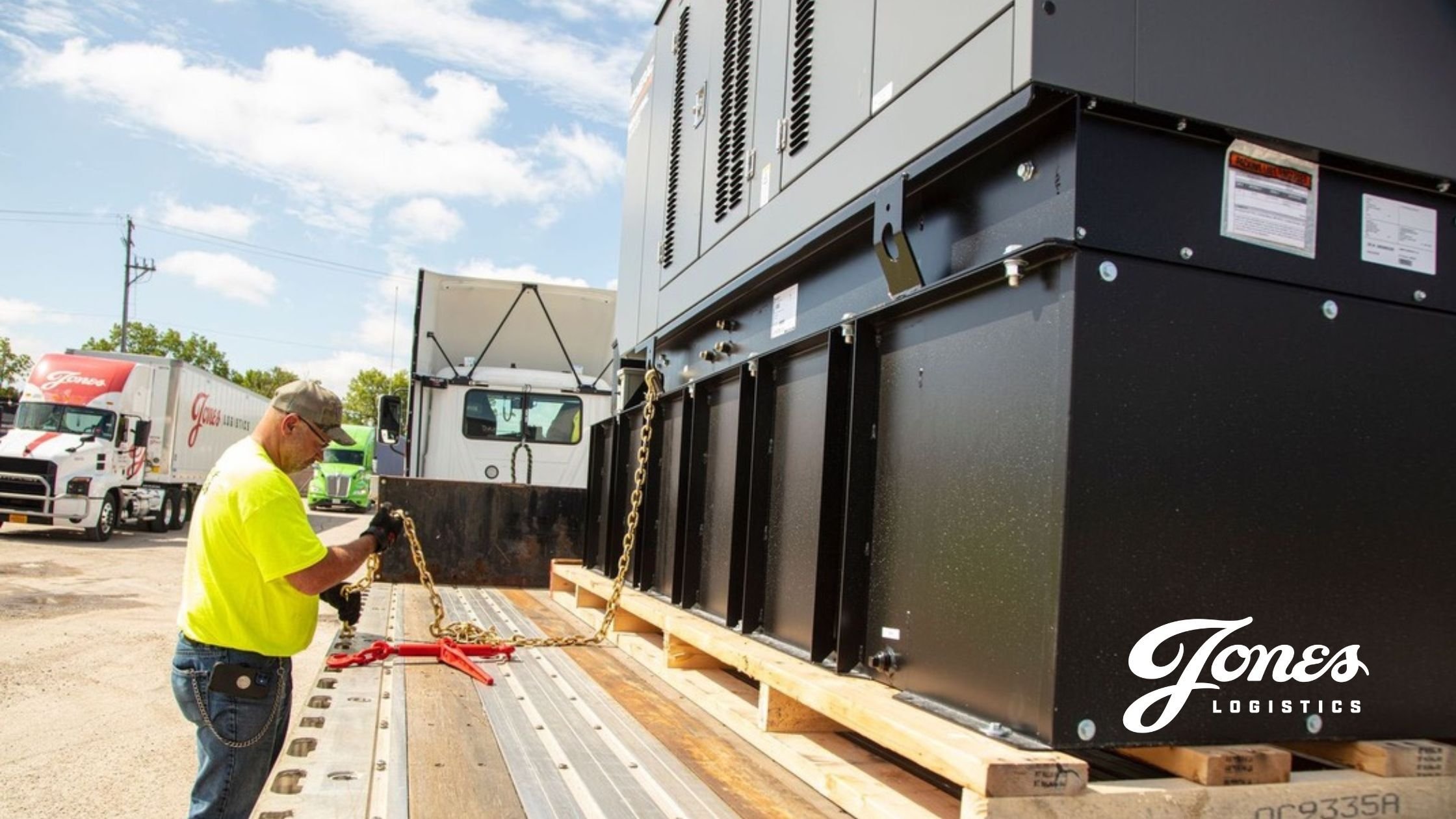 A Jones Logistics (or JoLo) driver wearing a neon, safety yellow t-shirt and a camo hat is securing a generator to a flatbed trailer using chains at a JoLo yard in Waukesha, Wisconsin on a sunny, clear day. A JoLo dry van truck is in the background. 