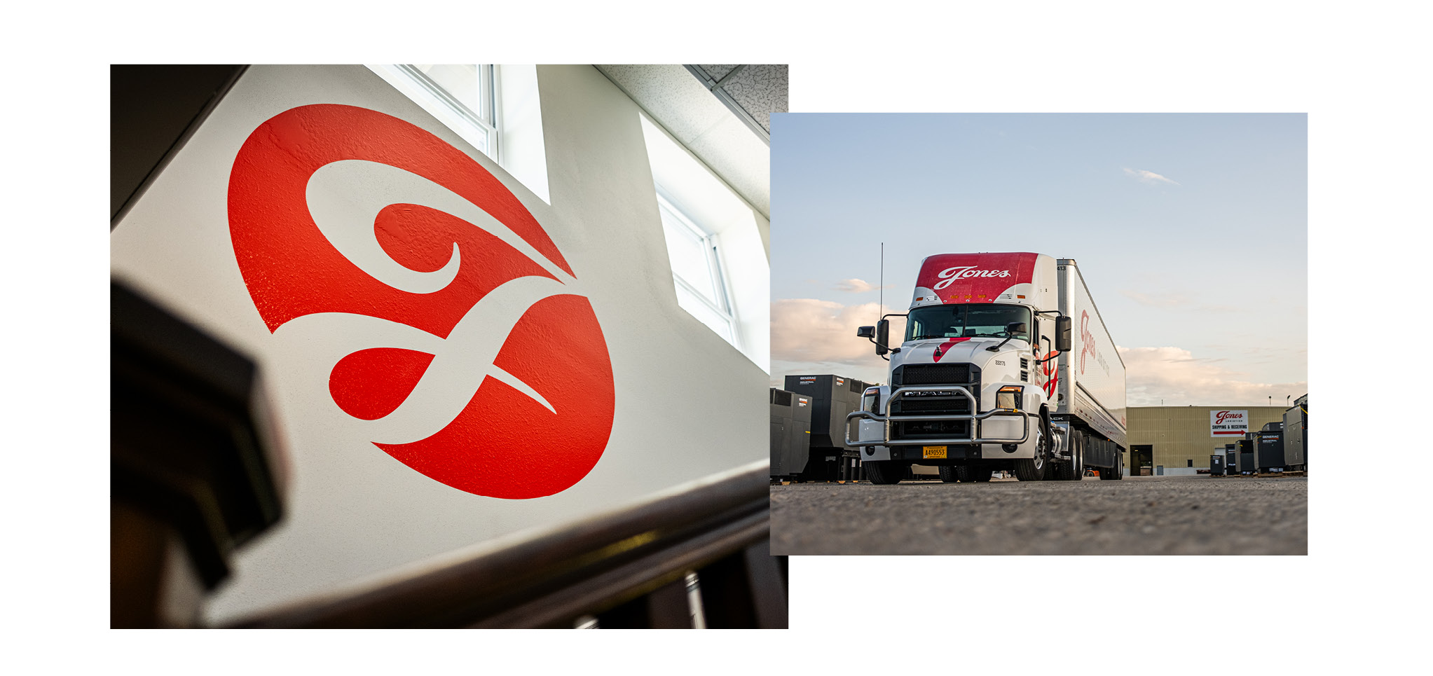 Two square images pictured: One image with a J centered in the middle of an ellipses shape as a wall decal. The second image is of a Jones Logistics dedicated truck in front of the Waukesha, Wisconsin warehouse.