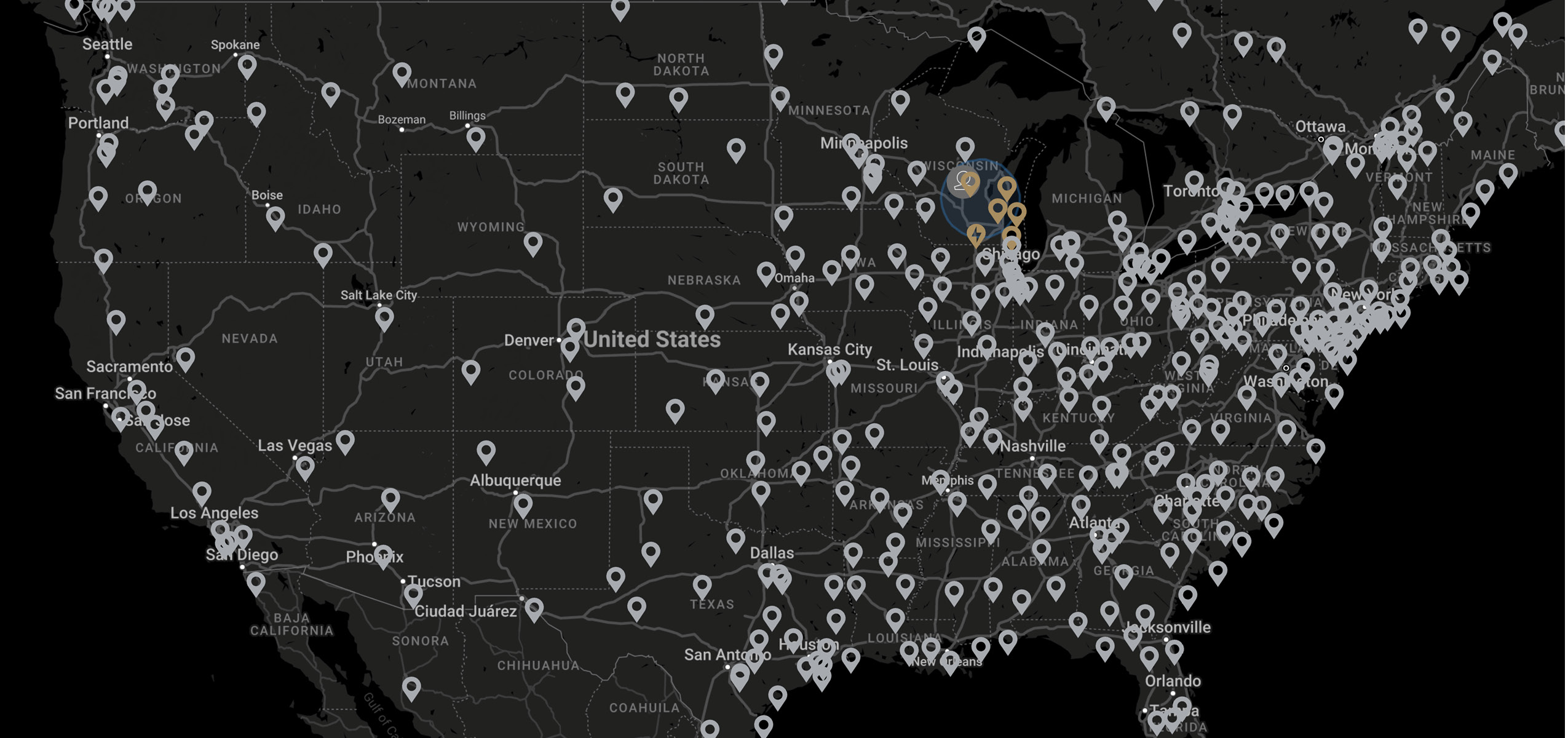 A map that pinpoints the Mack Dealer Network.